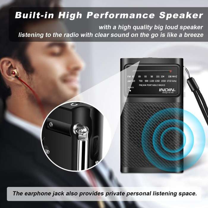 INDIN BC-R955 Portable AM/FM Radio with High-Fidelity Sound & Clip-On Design Sports Outdoor Playe...