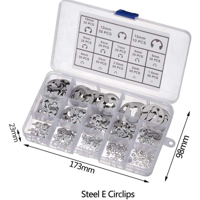 400pcs /Set 1.5-15mm Stainless Steel E-Type Open Circlips Boxed(222g)