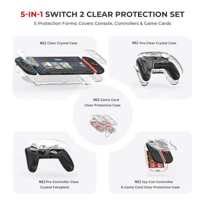 For Nintendo Switch 2 JYS 5-in-1 Crystal Case Full Protection Set Includes Console Shell, Joy-con...