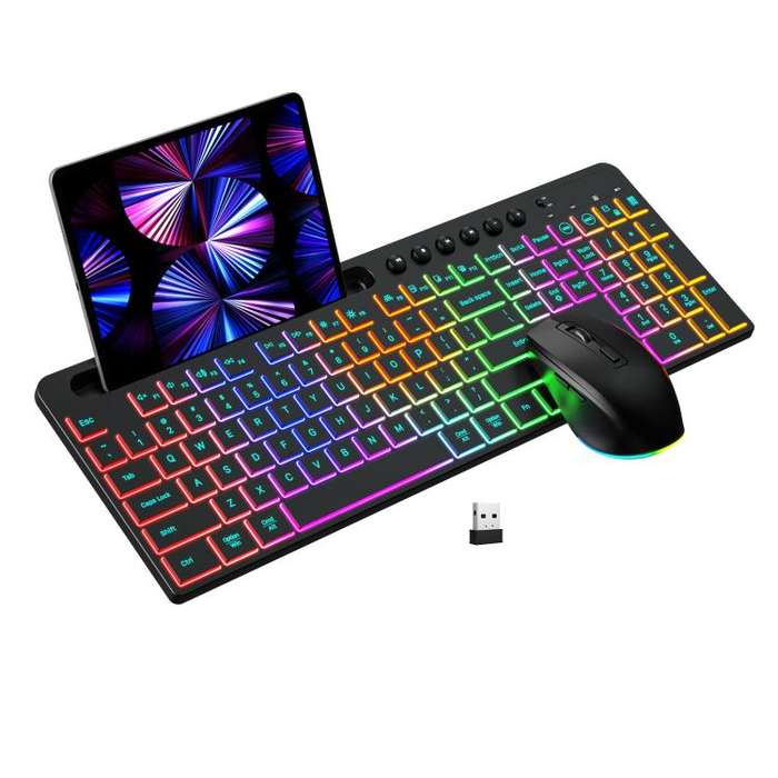 RGB Backlit Rechargeable Wireless Keyboard and Mouse Combo with Tablet Slot for Gaming, Office, a...
