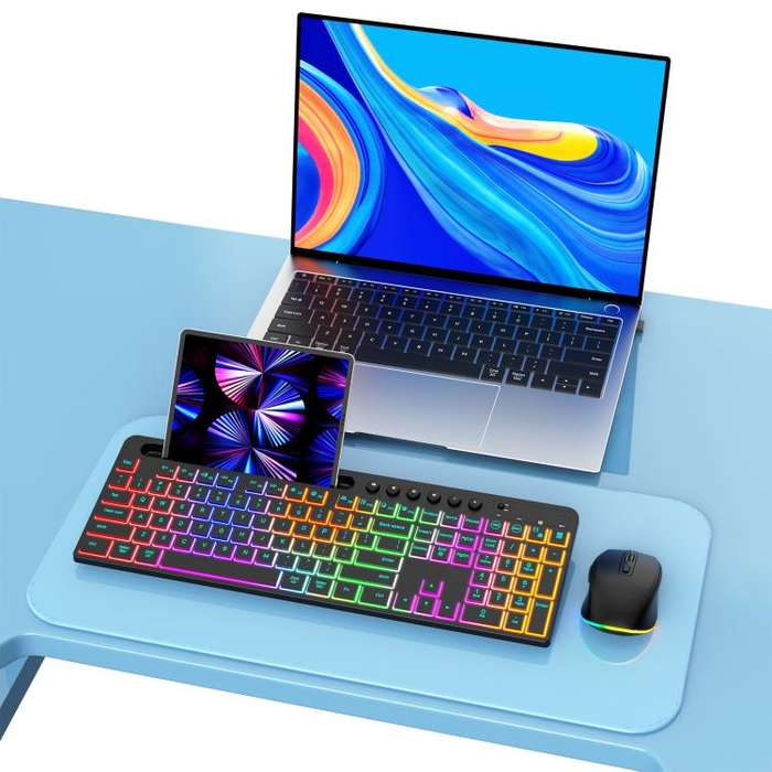 RGB Backlit Rechargeable Wireless Keyboard and Mouse Combo with Tablet Slot for Gaming, Office, a...