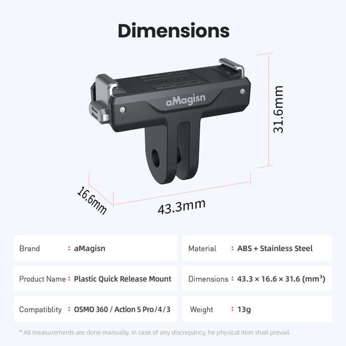 For DJI Osmo 360/Action 5 Pro/4/3 aMagisn Magnetic Quick-Release Adapter Plastic Snap-On Base(Black)