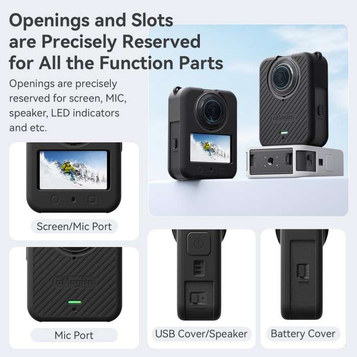 For DJI Osmo 360 Camera aMagisn Silicone Body Cover Set with Lens Cap & Neck Lanyard(Black)