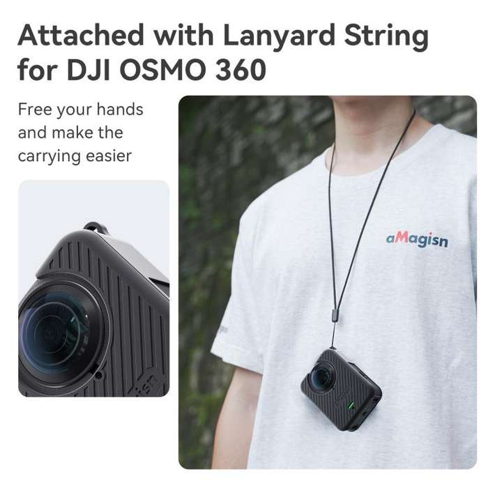 For DJI Osmo 360 Camera aMagisn Silicone Body Cover Set with Lens Cap & Neck Lanyard(Black)