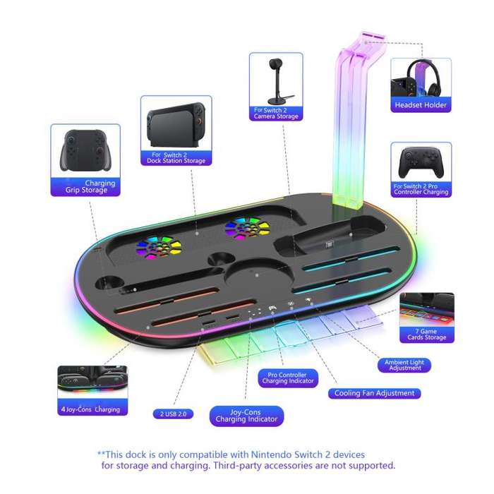 For Nintendo Switch 2 JYS NS2322 With RGB Light Charging Base Cooling Charging Storage Integrated...