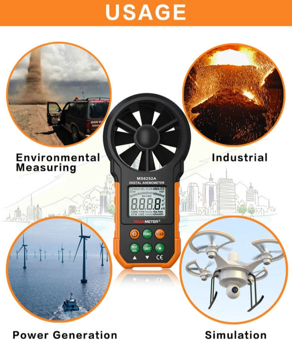 PEAKMETER High-precision Digital Display Wind Speed Air Volume Measuring Instrument MS6252A Wind ...