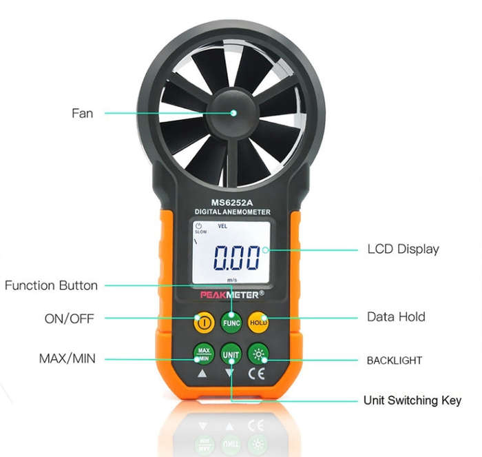 PEAKMETER High-precision Digital Display Wind Speed Air Volume Measuring Instrument MS6252A Wind ...