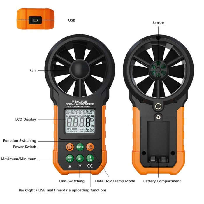 PEAKMETER High-precision Digital Display Wind Speed Air Volume Measuring Instrument MS6252B Tempe...