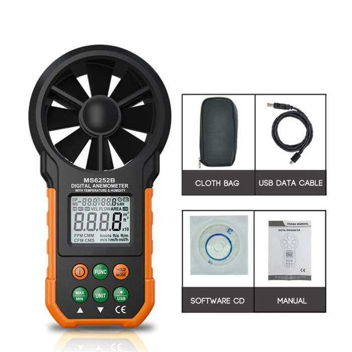 PEAKMETER High-precision Digital Display Wind Speed Air Volume Measuring Instrument MS6252B Tempe...