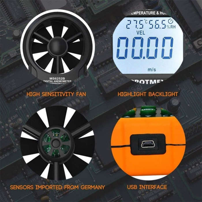PEAKMETER High-precision Digital Display Wind Speed Air Volume Measuring Instrument MS6252B Tempe...