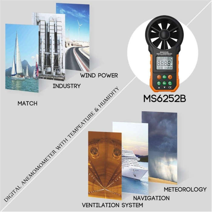 PEAKMETER High-precision Digital Display Wind Speed Air Volume Measuring Instrument MS6252B Tempe...