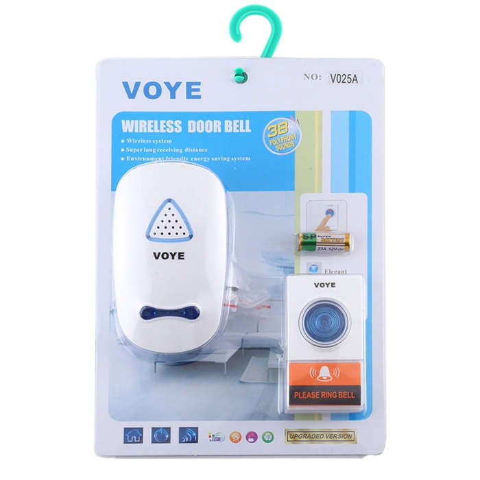 VOYE V025A Home Music Remote Control Wireless Doorbell with 38 Polyphony Sounds, US Plug (White)