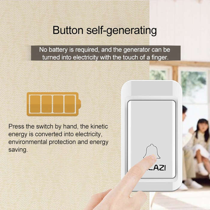 CACAZI A10G One Button One Receivers Self-Powered Wireless Home Cordless Bell, US Plug(White)