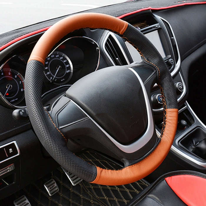 Four Seasons Genuine Leather Hand-stitched Car Adaptation Steering Wheel Cover for 38cm Steering ...