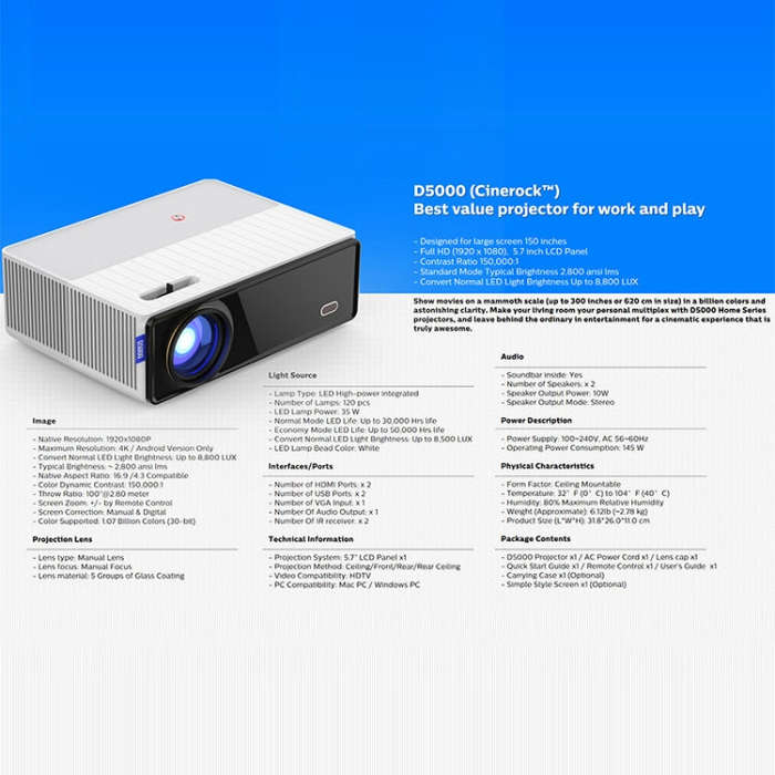 VIVIBRIGHT D5000 1920x1080P 420ANSI 6000Lumens LCD + LED HD Digital Projector, Basic Version EU Plug