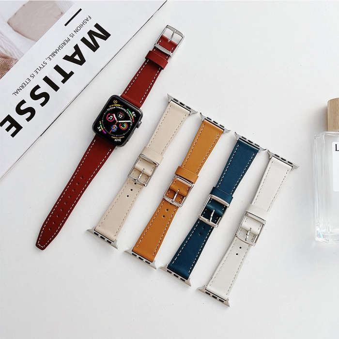 Flat Texture Leather Strap For Apple Watch Series 9&8&7 41mm / SE 3&SE 2&6&SE&5&4 40mm / 3&2&1 38...