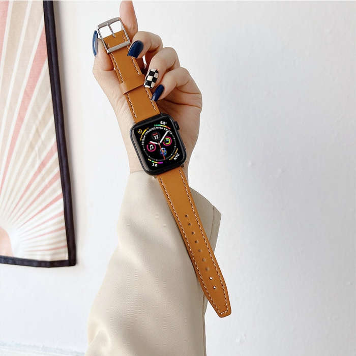 Flat Texture Leather Strap For Apple Watch Series 9&8&7 41mm / SE 3&SE 2&6&SE&5&4 40mm / 3&2&1 38...