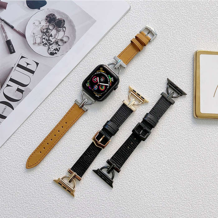 D-shaped Steel + Genuine Leather Watch Band For Apple Watch Ultra 49mm&Watch Ultra 2 49mm / Serie...