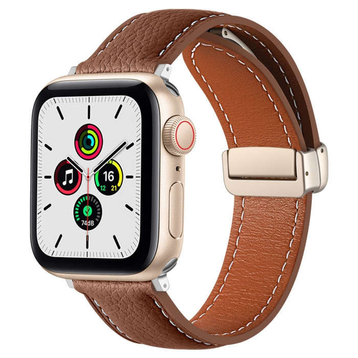 Folding Buckle Genuine Leather Watch Band for Apple Watch Series 8&7 41mm / SE 2&6&SE&5&4 40mm / ...