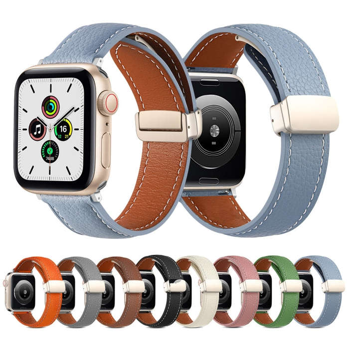 Folding Buckle Genuine Leather Watch Band for Apple Watch Series 8&7 41mm / SE 2&6&SE&5&4 40mm / ...