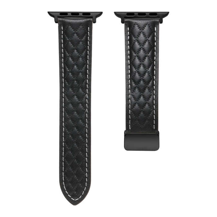 For Apple Watch 8 45mm  Folding Buckle Rhombus Leather Watch Band(Black)