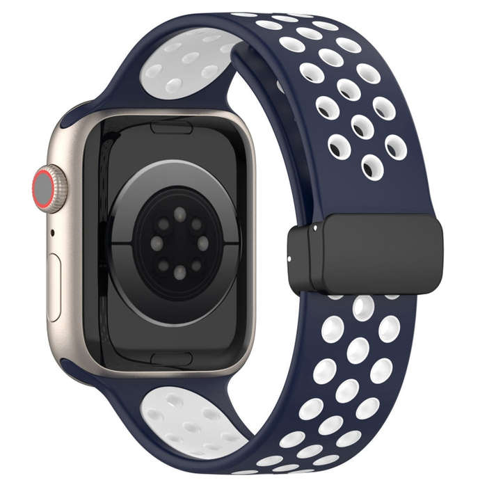 For Apple Watch SE 2022 44mm Magnetic Buckle Silicone Watch Band(Navy White)