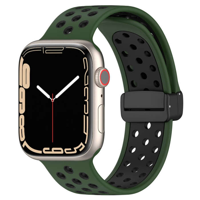 For Apple Watch SE 44mm Magnetic Buckle Silicone Watch Band(Army Green Black)