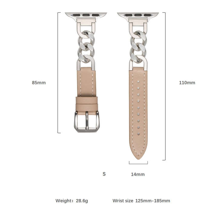 For Apple Watch Series 8 41mm Chain Genuine Leather Watch Band, Size: S(Gold Grey)