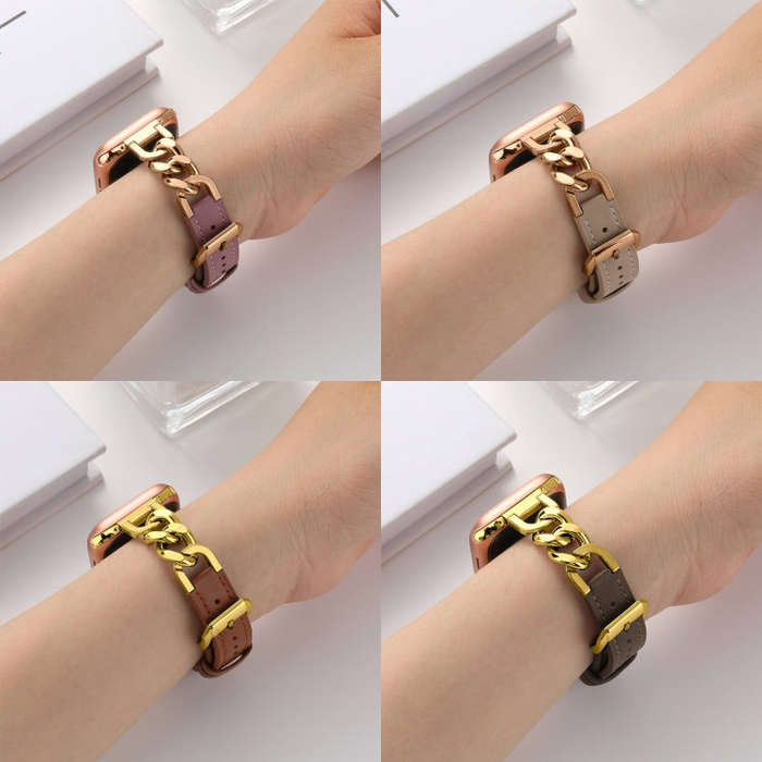 For Apple Watch 42mm Chain Genuine Leather Watch Band, Size: S(Gold Black)