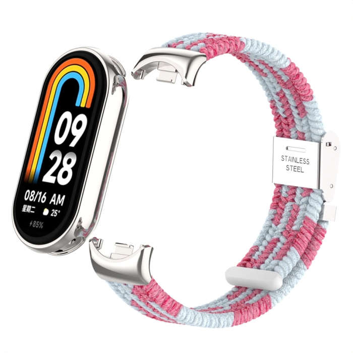 For Xiaomi Mi Band 8 / 8 NFC Metal Head + Nylon Braided Steel Buckle Watch Band(Pink White)