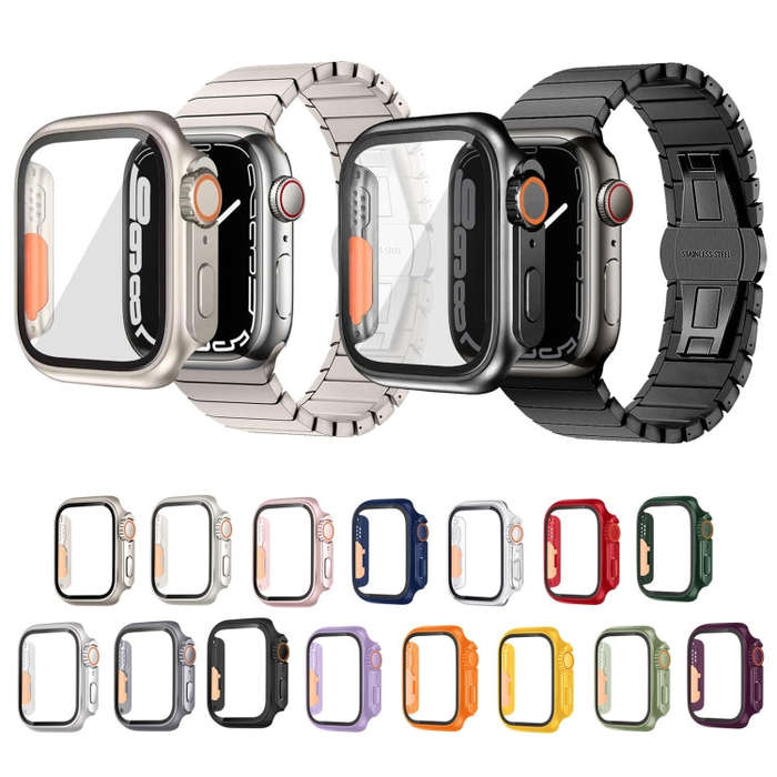 For Apple Watch Series 9 / 8 / 7 45mm Tempered Film Hybrid PC Integrated Watch Case(Black Orange)