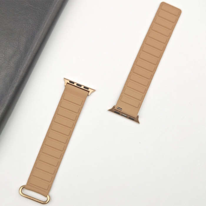 For Apple Watch Ultra 49mm Reverse Buckle Magnetic Silicone Watch Band(Rose Buckle Milk Apricot)