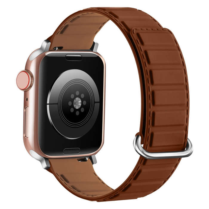 For Apple Watch Series 7 45mm Reverse Buckle Magnetic Silicone Watch Band(Silver Buckle Brown)