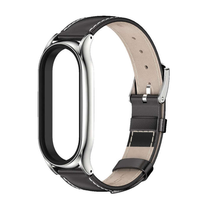 For Xiaomi Mi Band 8 Mijobs Plus Case Genuine Leather Watch Band(Black Silver)