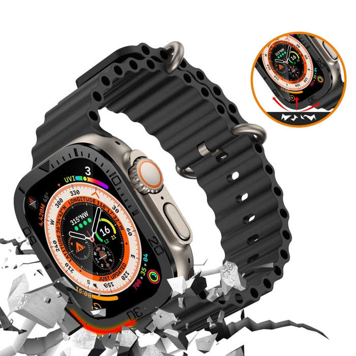 For Apple Watch Ultra 49mm Number Ring Metal Frame Integrated Tempered Film(Black)