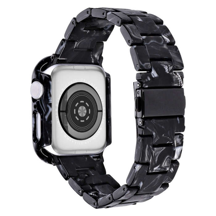 For Apple Watch Series 9 / 8 / 7 41mm Printed Resin PC Watch Band Case Kit(Black Flower)