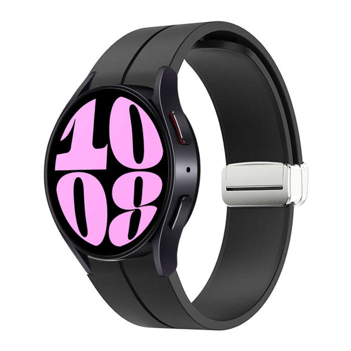 For Samsung Galaxy Watch 6 / 6 Classic Magnetic Folding Silver Buckle Silicone Watch Band(Black)