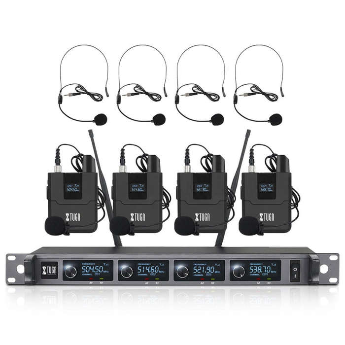 XTUGA A140-B Wireless Microphone System 4 BodyPack Headset Lavalier Microphone(AU Plug)