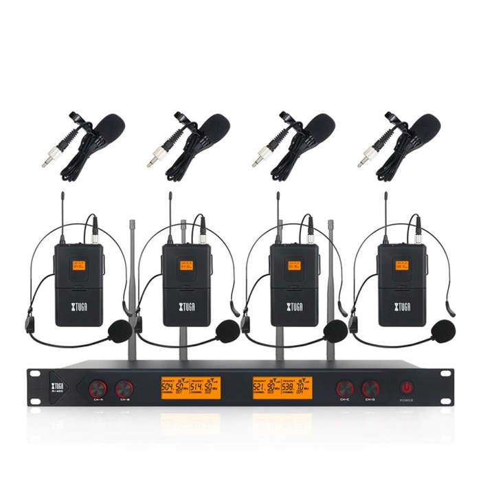 XTUGA A400-B Professional 4-Channel UHF Wireless Microphone System with 4 BodyPack Lavalier Heads...