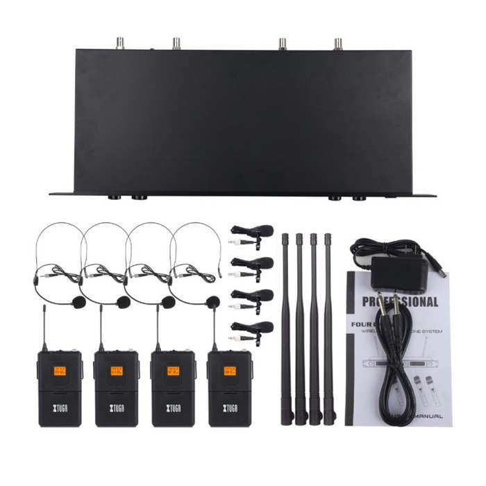 XTUGA A400-B Professional 4-Channel UHF Wireless Microphone System with 4 BodyPack Lavalier Heads...