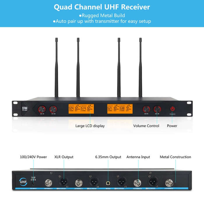 XTUGA A400-B Professional 4-Channel UHF Wireless Microphone System with 4 BodyPack Lavalier Heads...