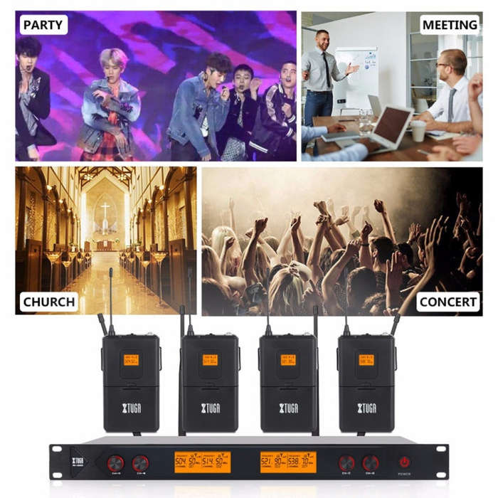 XTUGA A400-B Professional 4-Channel UHF Wireless Microphone System with 4 BodyPack Lavalier Heads...