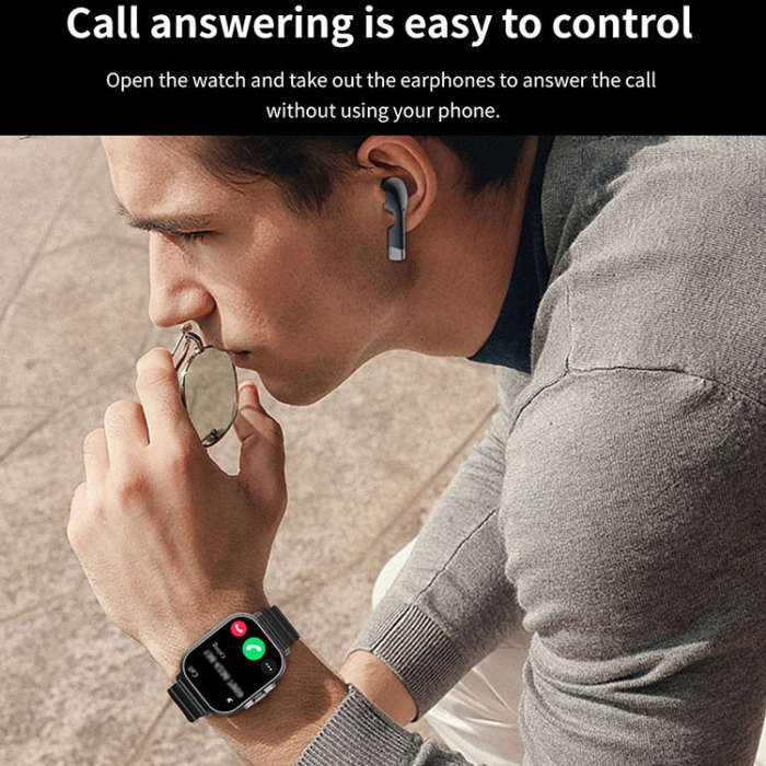 D8 2.01 inch 2 in 1 Bluetooth Earphone Steel Band Smart Watch, Support Health Monitoring / NFC(Bl...
