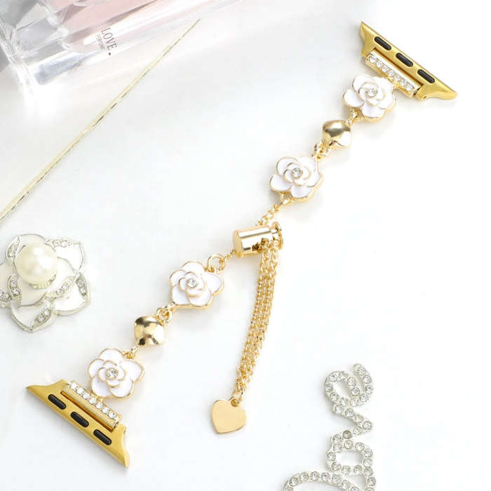 For Apple Watch Series 9 41mm Camellia Metal Chain Bracelet Watch Band(White Gold)