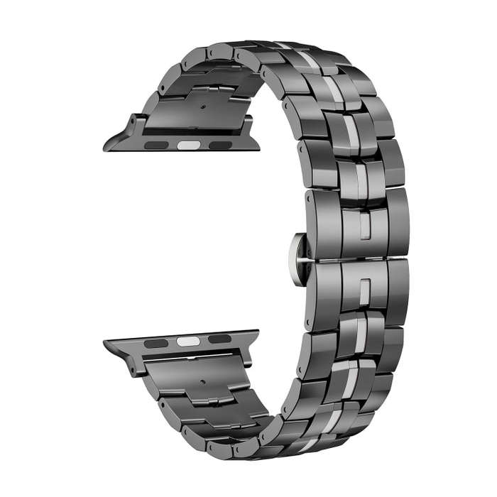 For Apple Watch Ultra 49mm Butterfly Buckle 5-Beads Metal Watch Band(Black Silver)