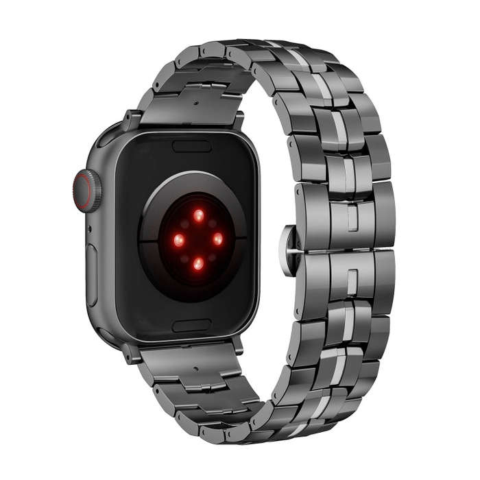 For Apple Watch Ultra 49mm Butterfly Buckle 5-Beads Metal Watch Band(Black Silver)