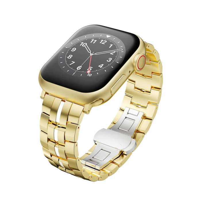 For Apple Watch Series 8 41mm Butterfly Buckle 5-Beads Metal Watch Band(Gold White)