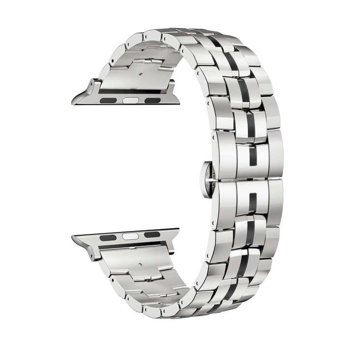 For Apple Watch SE 2022 44mm Butterfly Buckle 5-Beads Metal Watch Band(Silver Black)