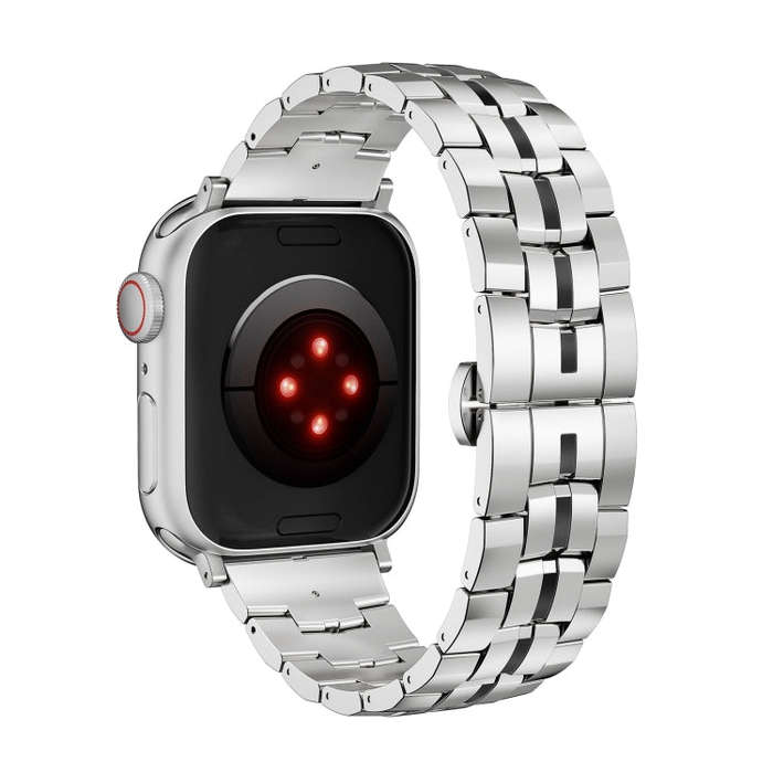 For Apple Watch SE 2022 44mm Butterfly Buckle 5-Beads Metal Watch Band(Silver Black)