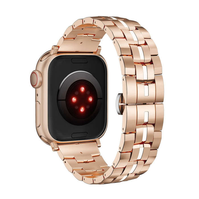 For Apple Watch SE 44mm Butterfly Buckle 5-Beads Metal Watch Band(Rose Gold White)